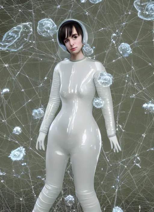 Prompt: hyper render - kawaii portrait ( space suit, chrome, porcelain, forcefield, krysten ritter ) fetal fisted for revolution in network berry and her delicate hands hold gossamer polyp fungal flowers, dress, ryden, odilon, borg