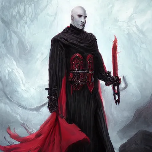 Prompt: d & d painting portrait necromancer man with bald head, red eyes, pallid skin, long flowing black and red robes. in style of tony sart