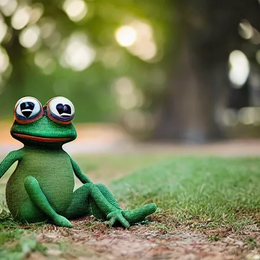 Prompt: Little Pepe the Frog sitting on a picnic in the park. 25mm, focused, masterpiece, soft lights, International Photography Awards, photo by Steve Hanks