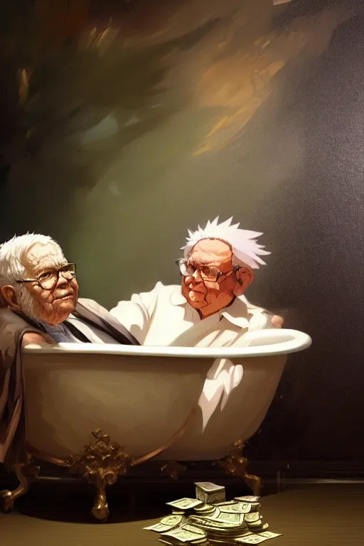 Prompt: baroque oil painting of anime key visual concept art of warren buffet sitting in a bathtub full of usd cash money, award winning, trending on artstation, palette knife! and brush strokes, oil on canvas, makoto shinkai greg rutkowski studio ghibli