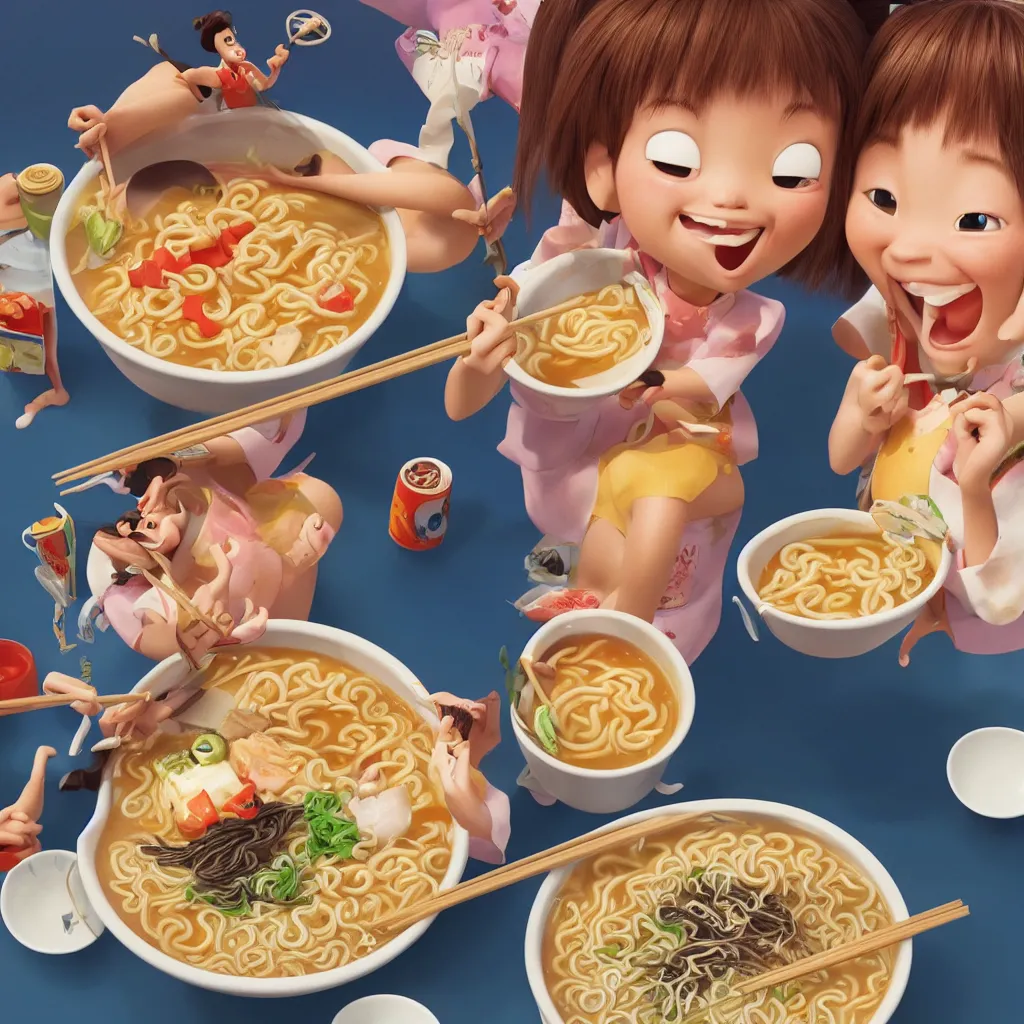 Image similar to Two happy beautiful girls holding chopsticks and eating a bowl of ramen, hyper realistic, insane detail, Pixar