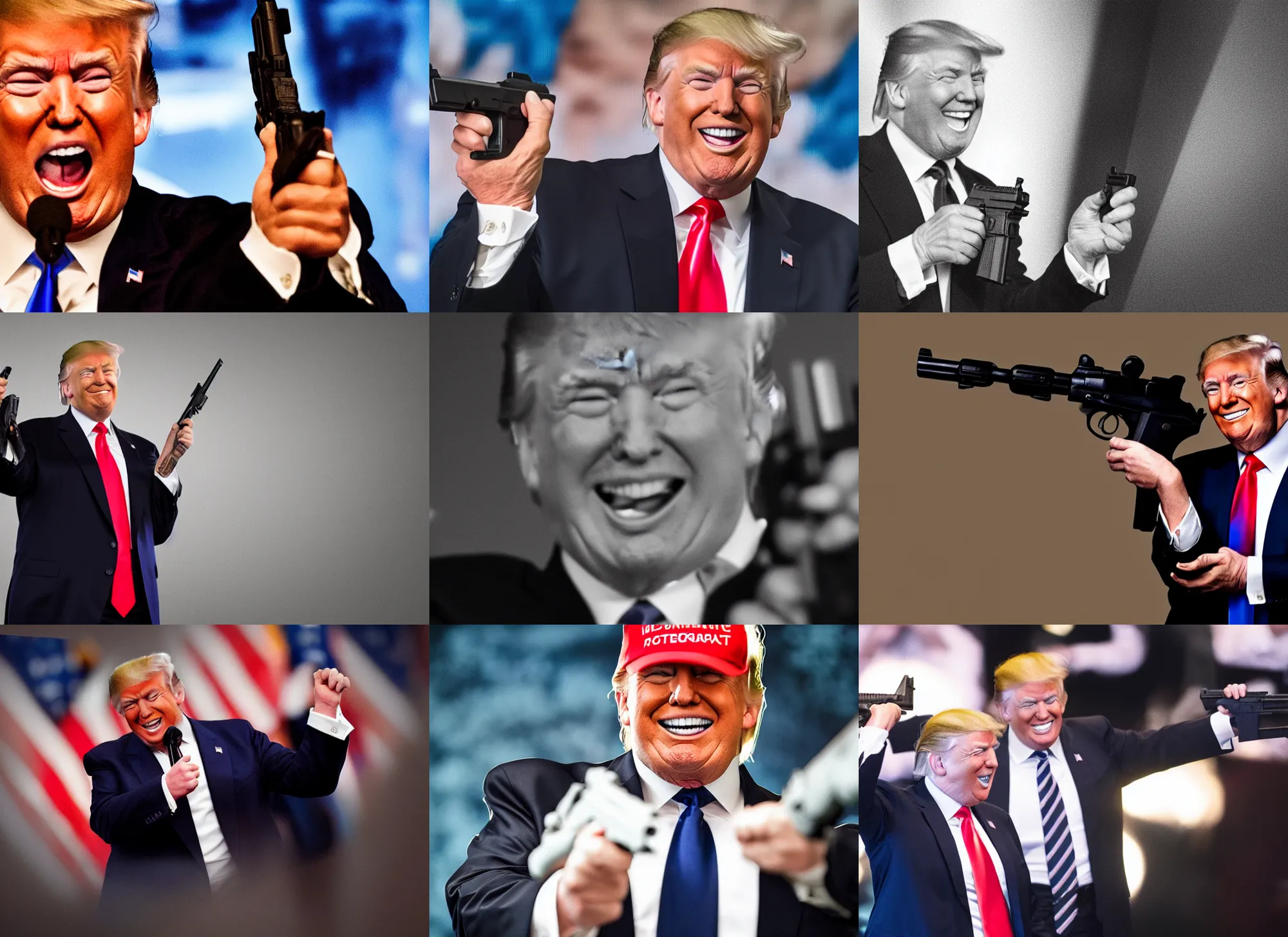 Prompt: Donald Trump holding a gun and laughing, award winning cinematic photography, 50 mm, blurred background, trending on twitter