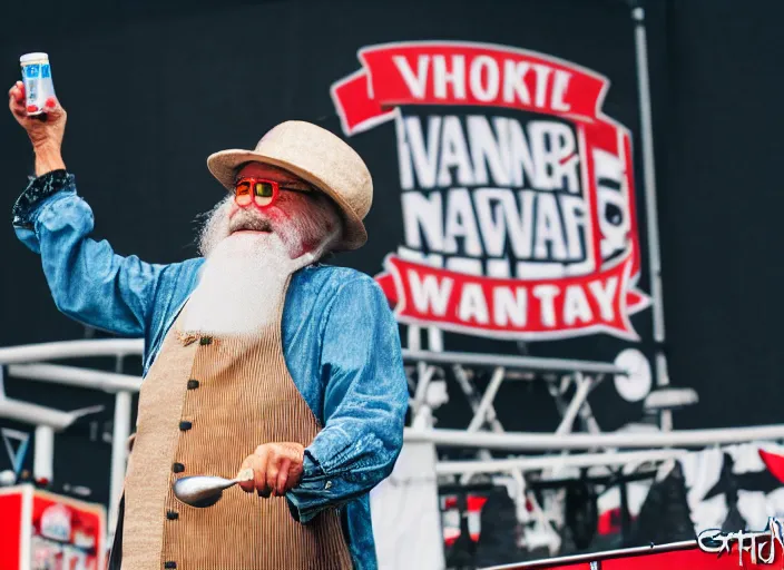 Prompt: photo still of the quaker oats man on stage at vans warped tour!!!!!!!! at age 5 5 years old 5 5 years of age!!!!!!! tossing oatmeal to the crowd, 8 k, 8 5 mm f 1. 8, studio lighting, rim light, right side key light