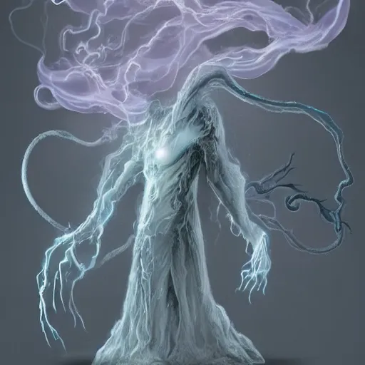 Prompt: concept designs for an ethereal ghostly wraith like figure made from wispy billowing smoke and sparks of electricity with a squid like parasite latched onto its head and long tentacle arms that flow lazily but gracefully at its sides like a cloak while it floats around a frozen rocky tundra in the snow searching for lost souls and that hides amongst the shadows in the trees, this character has hydrokinesis and electrokinesis for the resident evil village video game franchise with inspiration from Shuma gurath from marvel, the franchise Bloodborne and the mind flayer from stranger things on netflix in the style of a marvel comic