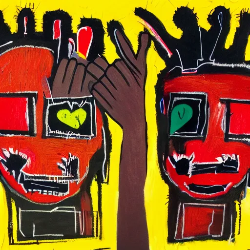 Image similar to a photograph of two girls holding hands while watching the world burn, done in the style of basquiat, akseli gallen kallela, highly detailed, 4 k