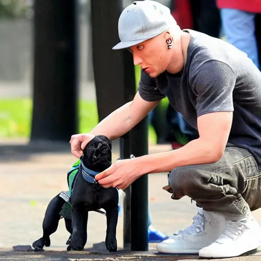 Image similar to Eminem and a dog plays with Lego at Central park