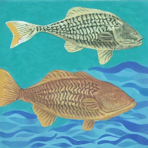 Prompt: two cods talking to eachother in deep sea, art by annie albers