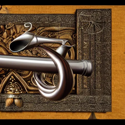 Image similar to a 3 d render of a medieval blowing horn, winding horn, animal horn, higly detailed, mystic, artwork