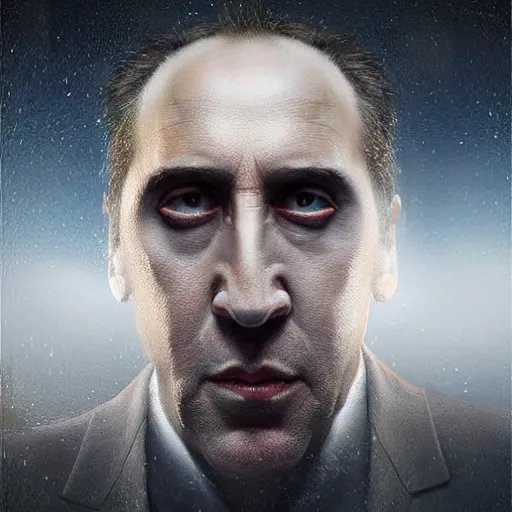 Image similar to michal karcz surrealism painting of the Nicholas Cage as an all seeing God. His eyes are watching everything. , horror theme, detailed, elegant, intricate, 4k,