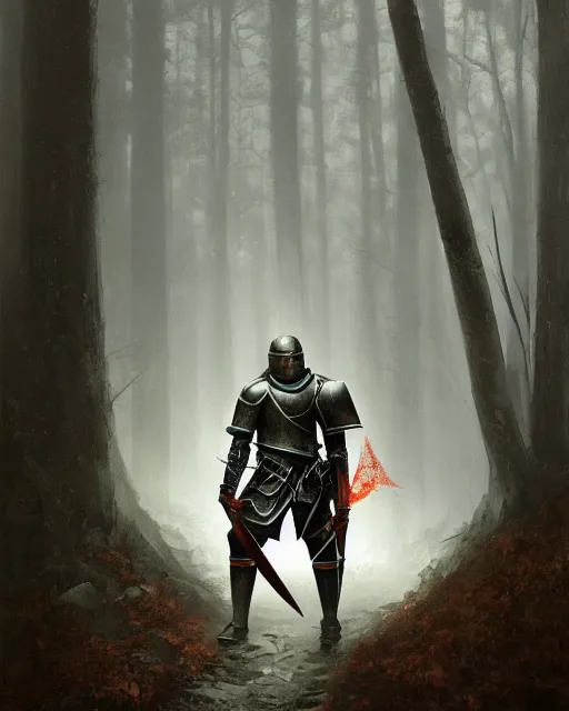 Image similar to Hyper realistic painting of a knight in rusty full plate armor wielding a greatsword, hyper detailed, surrounded by a dark forest, fog, moody, cinematic lighting, dim blue lighting, by greg rutkowski, trending on artstation