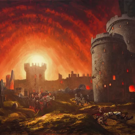 Prompt: a giant big chungus storming a medieval castle, knights attacking from below, dark, oil painting, 4k, red sun