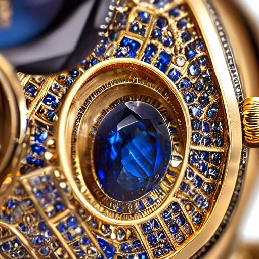 Prompt: close up of a sapphire and gold wrist watch, intricate, complex, high detail