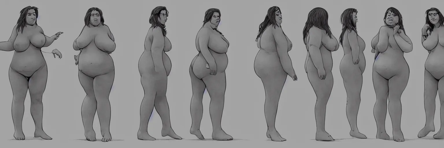 Image similar to female character study of bill hicks, fat woman, smoking, clear faces, emotional, character sheet, fine details, concept design, contrast, kim jung gi, pixar and da vinci, trending on artstation, 8 k, full body and head, turnaround, front view, back view, ultra wide angle