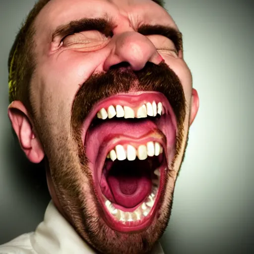 Prompt: angry man with foaming mouth, sweating profusely, gritted teeth, fisheye photography