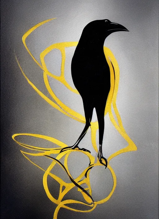 Image similar to crow, award - winning painting, abstract, gold and silver shapes, elegant, luxurious, beautiful, pitch black background, chiaroscuro