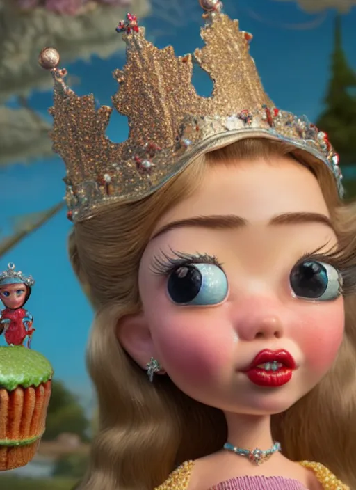 Image similar to highly detailed closeup, face profile portrait of a tin toy fairytale princess wearing a crown eating cakes, bikini, unreal engine, by nicoletta ceccoli, mark ryden, lostfish, dan decarlo, bob clampett, max fleischer, global illumination, detailed and intricate environment