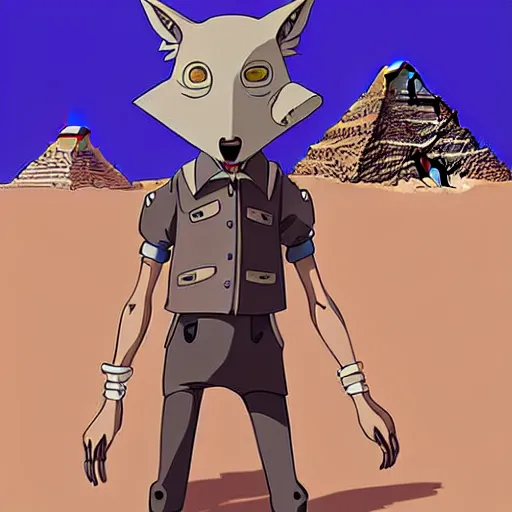 Image similar to a study of cell shaded cartoon of a mechanized grey jackal from howl's moving castle ( 2 0 0 4 ), in front of pyramids on a desert road, full body, wide shot, very muted colors, post grunge, studio ghibli, laurie greasley, highly detailed, deviantart, art by artgem