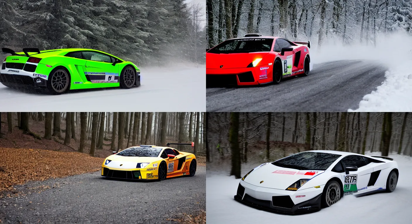 Prompt: a 2 0 1 1 lamborghini gallardo lp 5 6 0 - 4 gt 3, racing through a rally stage in a snowy forest