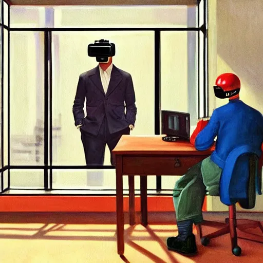 Image similar to A fine art painting of a man wearing Vr goggles dressed as a hypebeast and creating the metaverse at a desk through a window on a British street. In the style of Edward Hopper and Wes Anderson