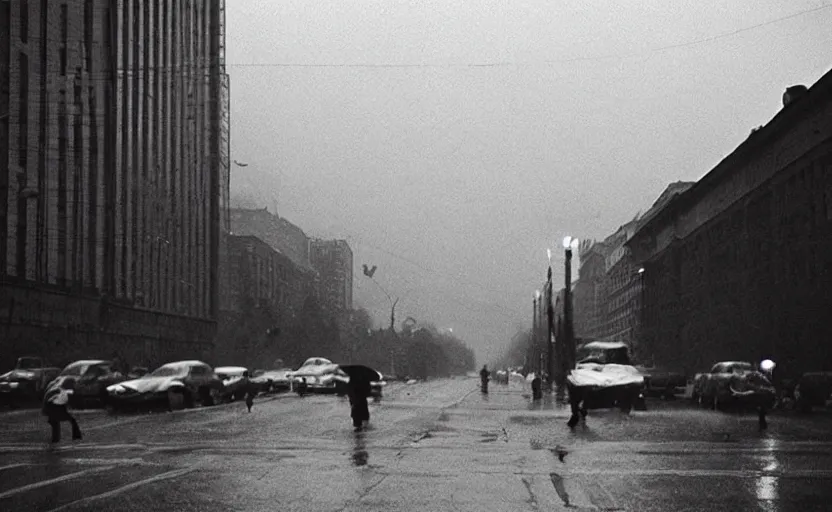 Prompt: 40s movie still of a sovietic street with many pedestrians silhouette with soviet highrise in the backround , Cinestill 800t 18mm, heavy grainy picture, very detailed, high quality, 4k panoramic, HD criterion, dramatic lightning, streetlight at night, rain, mud, foggy, CCCP flags all around