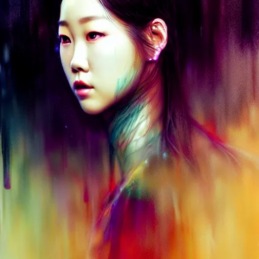 Image similar to roseanne park of blackpink, hyperrealistic portrait, bladerunner street, by karol bak and agnes cecile, fantasy art, photo realistic, dynamic lighting, artstation, poster, volumetric lighting, very detailed face, intricate complexity, rule of thirds, 8 k, award winning