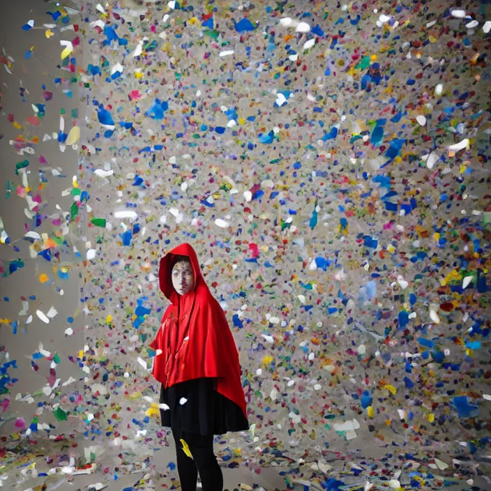 Prompt: a woman wearing a hood made of plastic and confetti, in an abandoned office building, by jan van eyck, canon eos c 3 0 0, ƒ 1. 8, 3 5 mm, 8 k, medium - format print