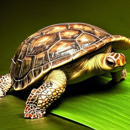 Image similar to highly detailed , photo realistic image , of a turtle , with many types of plant and insect life growing and riding on its shell