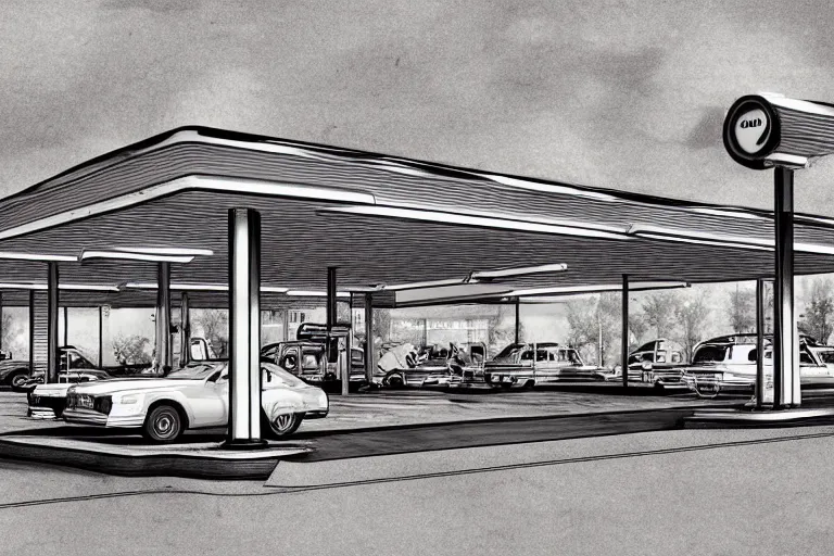 Prompt: a pencil and watercolor art of a beautiful luxurious gas station, retro and 1 9 8 0 s style, beautiful architecture, retro coloring, retro and 1 9 8 0 s style, retro and 1 9 8 0 s filter, black and white, no color