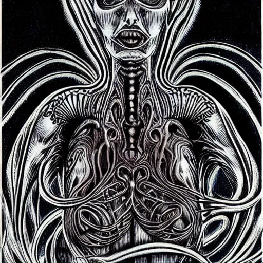 Image similar to eldritch woman abomination of unimaginable horror by h. r. giger and junji ito, speculative evolution, op art with big bold patterns