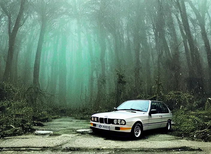 Image similar to “Illuminati in the mist of the forest, matter painting, mystical” !dream “BMW e30 driving through an underwater city, photo taken from a long shot, matter painting, iridescent small fish” H 896