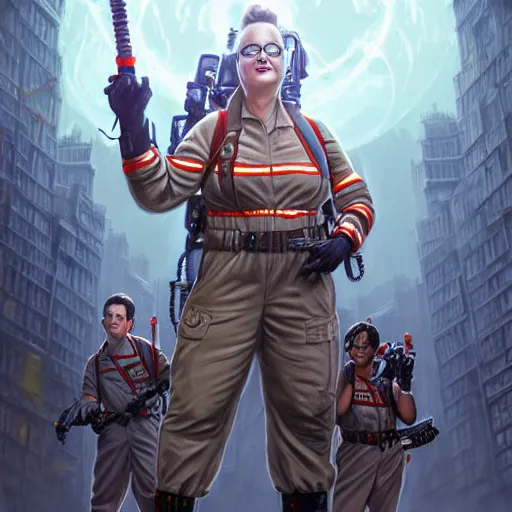Image similar to ghostbusters, highly detailed, d & d, fantasy, hyper detailed, digital painting, trending on artstation, apollo, concept art, sharp focus, illustration, art by artgerm and magali villeneuve and greg rutkowski and michael whelan, cryengine, 8 k realistic atmospheric lighting, frostbite 3 engine, w 1 0 2 4