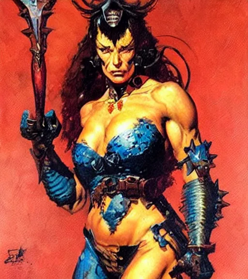 Prompt: portrait of strong female chaos angel, beautiful! coherent! by frank frazetta, by brom, strong line, vivid color, spiked metal armor, maximalist