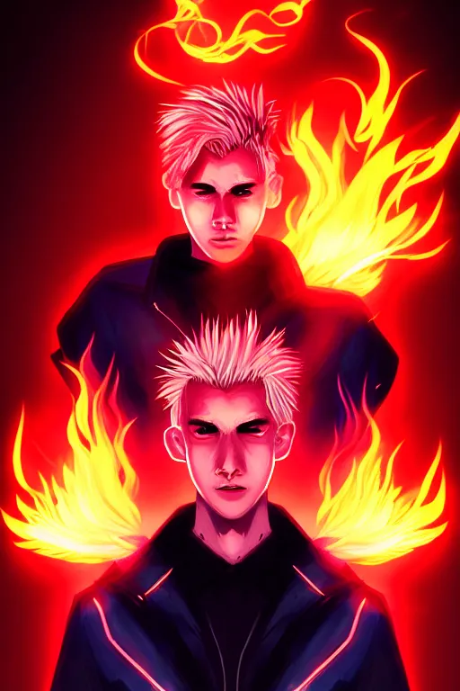 Image similar to character art by liam wong, young man, blonde hair, on fire, fire powers