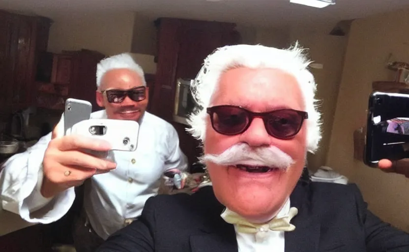 Image similar to my auntie that look like colonel sanders if he was poor asf accidentally taking a selfie, front camera, camera flash is so bright in his face, viral, selfie, viral on twitter, viral on instagram, viral photo