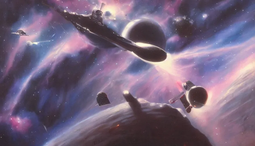 Prompt: a bird's eye view of a spaceship in orbit above an ice planet, nebulae in the background, art by Jim Burns