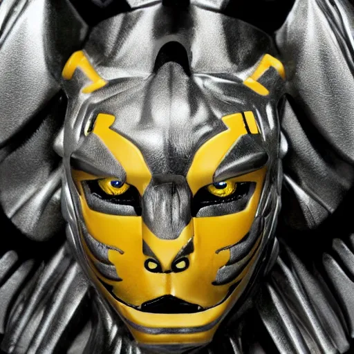 Image similar to silver tiger-like features on a humanoid face wearing space armor, yellow eyes, teeth like a saber tooth and fine grayish fur