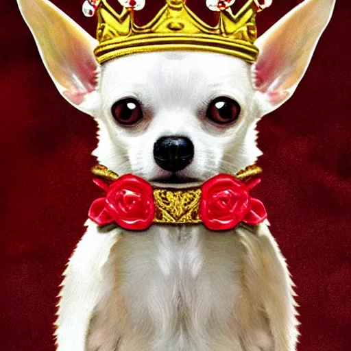 Prompt: white chihuahua king wearing a red and gold crown cinematic composition, digital art, cute