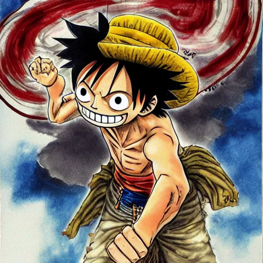 Image similar to [ luffy with mustache ] ( by kim jung gi ) ( by george morikawa ) ( by kentaro miura ) ( by eiichiro oda )