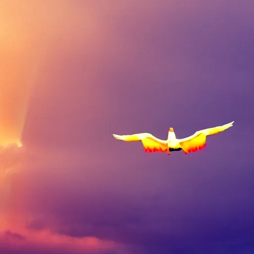 Image similar to Angel-winged limousine flying into a cloudy but sunny pink sky - rainbow on the background