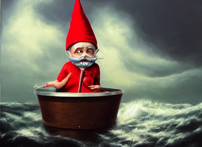 Image similar to a terrified garden gnome sailing in a bucket, background of raging ocean on a stormy with dramatic clouds, an ultrafine detailed painting by mark ryden, trending on deviantart, pop surrealism, whimsical, lowbrow, danger, perfect symmetrical face