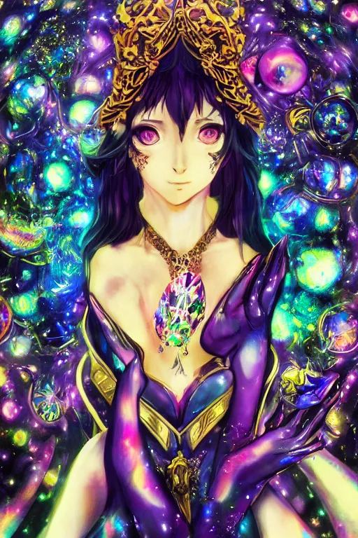 Image similar to acid trip, hall of mirrors, intricate, highly detailed, anime, 4k, a beautiful seductive lucina from fire emblem holding a crystal containing the universe, with professional makeup, long trippy hair, surrounded by gems, underneath the stars, trending on patreon, deviantart, twitter, artstation, volumetric lighting, heavy contrast, by artgerm and Ilya Kuvshinov and alphonse mucha