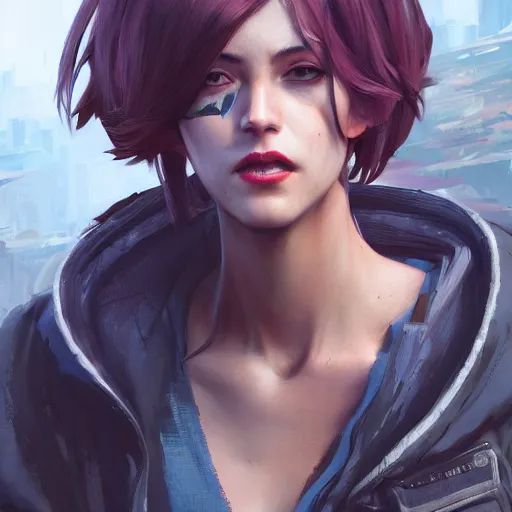 Prompt: concept art character, very high angle view, book cover, very attractive woman with full lips, walking in cyberpunk valley highly realistic, fine details, Anime, realistic shaded lighting by Ilya , WLOP Jeremy Lipkin and Giuseppe Dangelico Pino, Borderlands 3 style, book cover, extremely fine inking lines