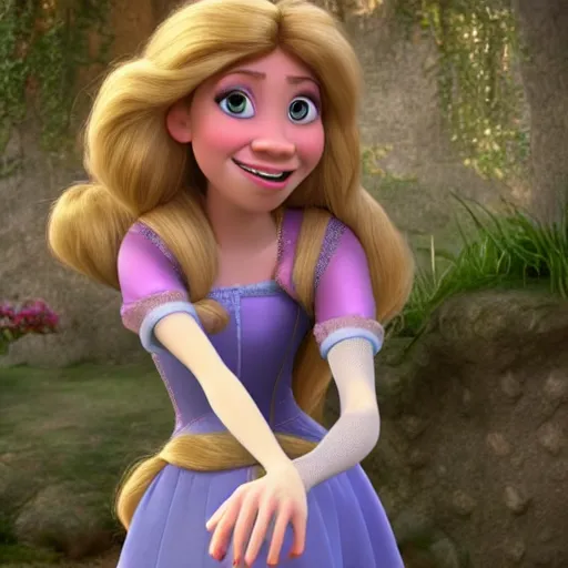 Image similar to Jennette McCurdy as Rapunzel in disney tangled live action, 8k full HD photo, cinematic lighting, anatomically correct, oscar award winning, action filled, correct eye placement,