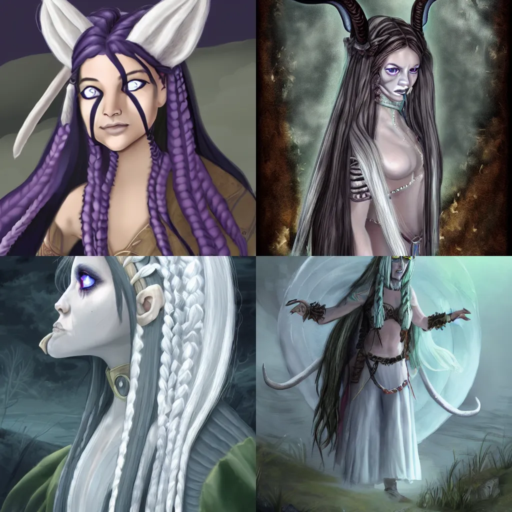 Prompt: A changeling with two long white front braids. They have two short horns coming out of their forehead and one small tusk. They are wearing a roguish fantasy clothes.