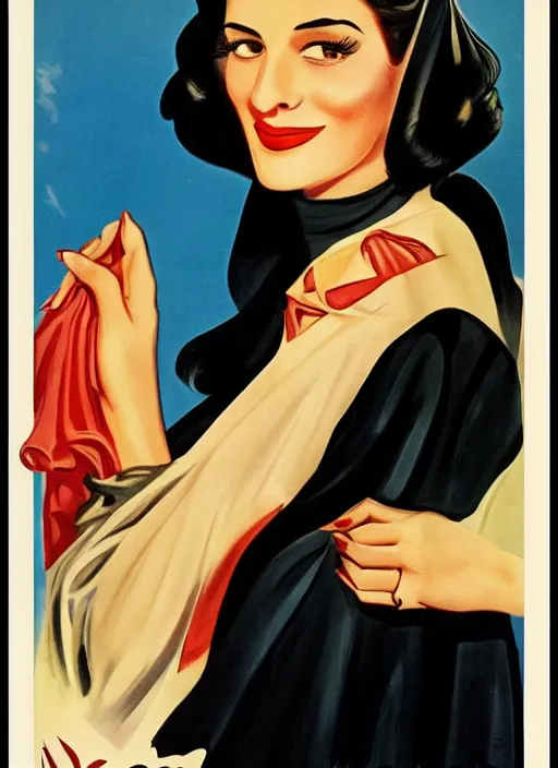 Image similar to beautiful black-haired arab woman, 1940s propaganda poster, full hd,highly detailed