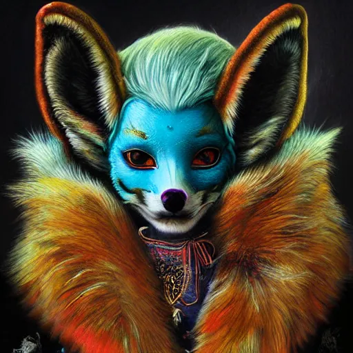 Prompt: a photorealistic portrait of a kitsune with long fluffy furs and ears wearing a painted fox skull mask, clothes themed on a peacock mage, painting by jeff easley, stylized, neon, vhs, 8 0 s, dnd beyond, chromal aberration, fae wilds sky