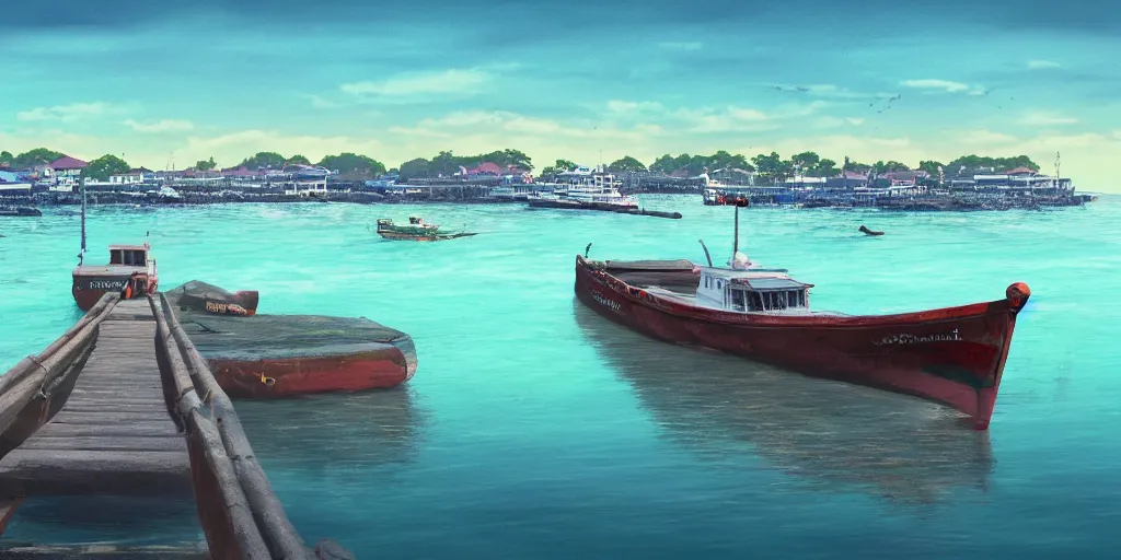 Image similar to pulau indah jetty, boat in foreground, fishing town in background, early morning, detailed matte painting, low angle view, telephoto lens, bokeh, studio ghibli, artstation