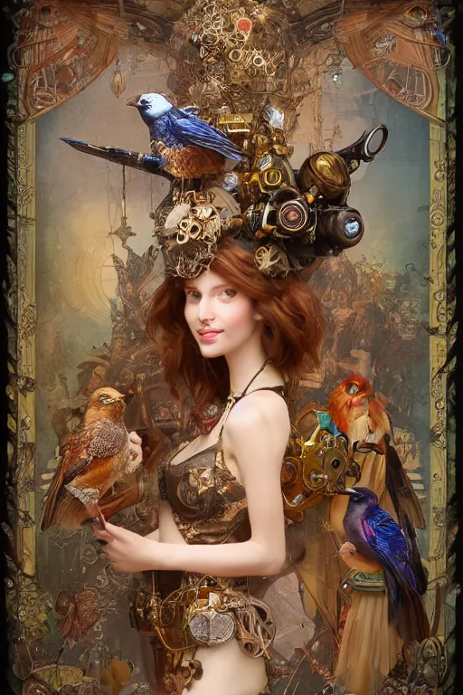 Image similar to zoom in 3 d render of english princess holding birds, ornaments, steampunk, mucha vibe, dieselpunk, solarpunk, artstation, andrei riabovitchev