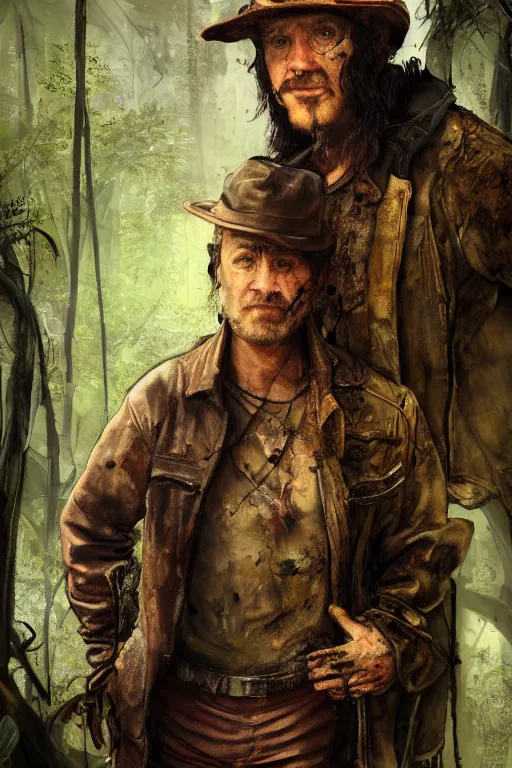 Prompt: portrait, digital painting, 40's adventurer, middle aged, wrinkled, dark hair, fedora, stained dirty clothing, leather bomber jacket, realistic, hyperdetailed, in the jungle, concept art, chiaroscuro, art by rembrandt