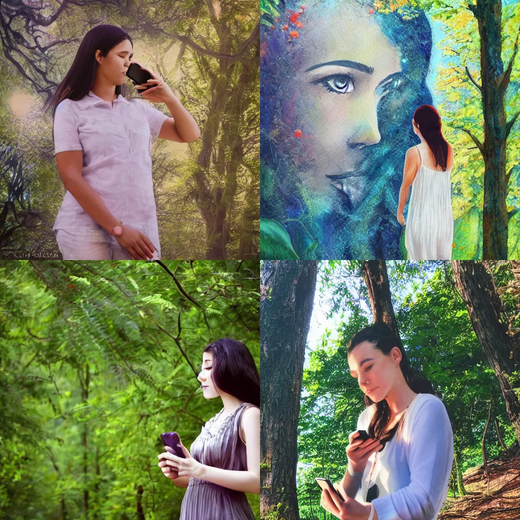 Prompt: nature goddess checking her phone, art